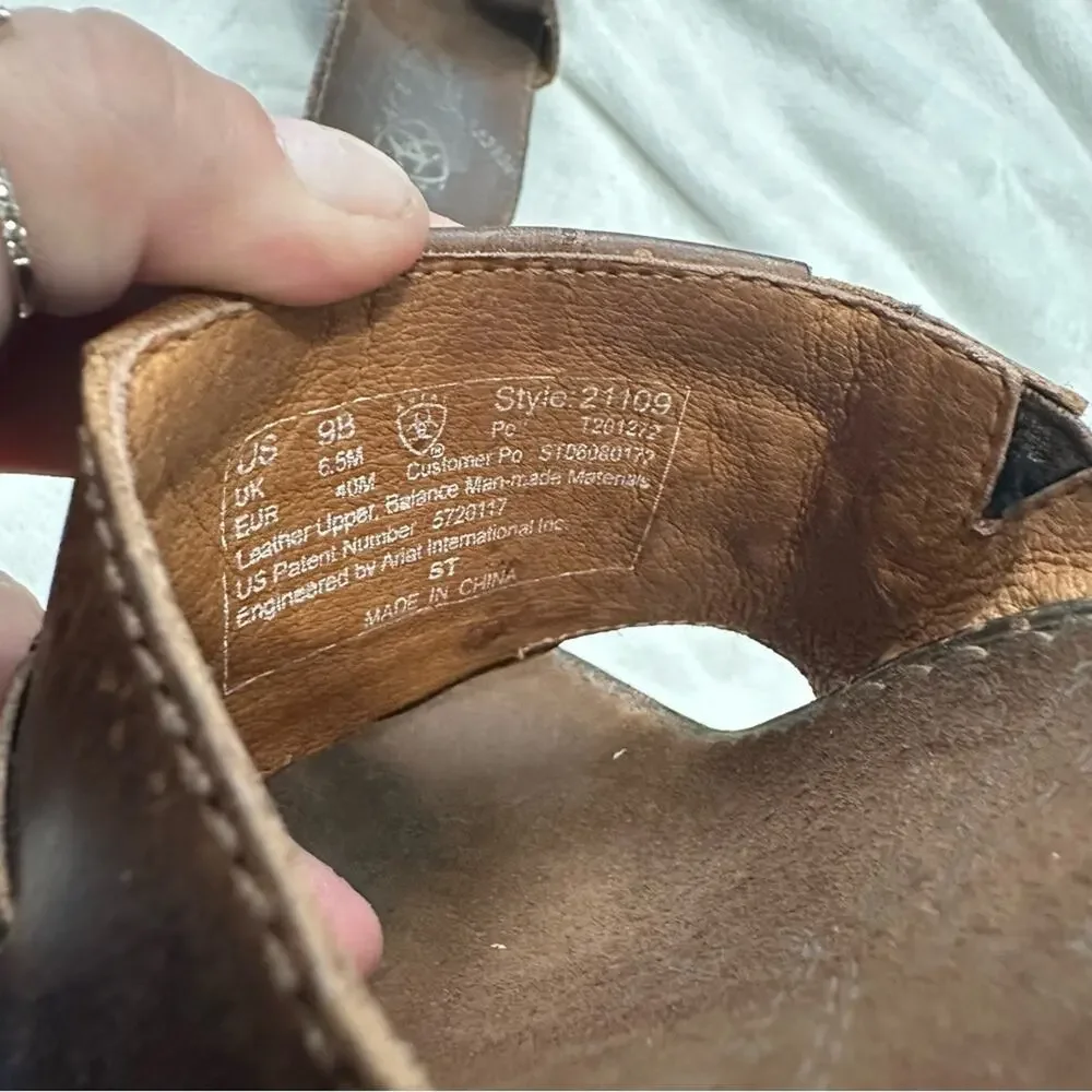 Ariat Brown Leather Sandals t strap with Silver Accent size 9 wedge cowgirl